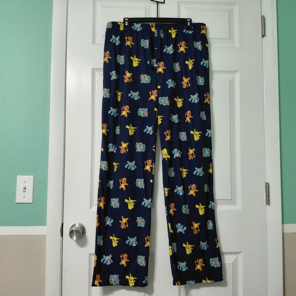 Pokemon Mens Sleep Pants Navy Blue Pikachu Charmander Squirtle L/XL Fleece